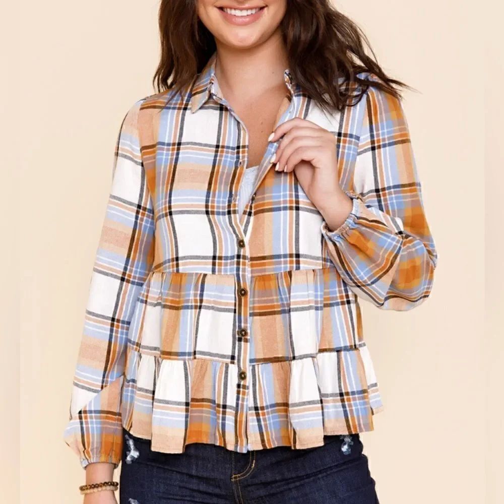 Blue Rain Plaid Tiered Long Sleeve Top